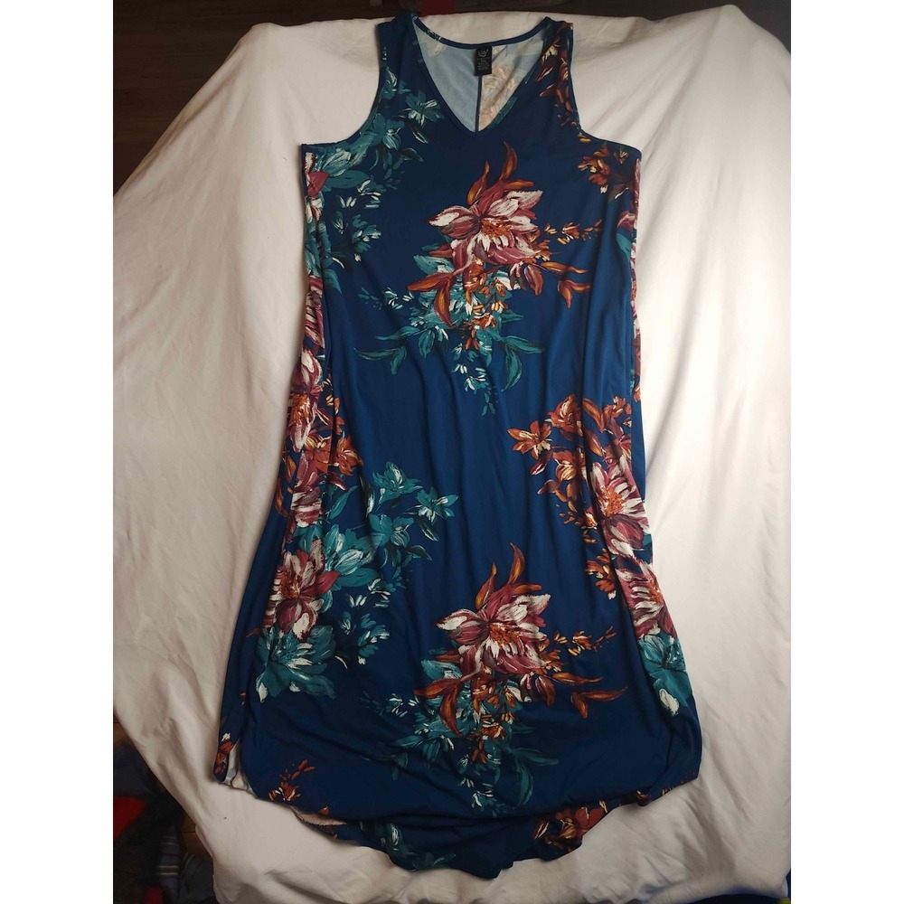 Lildy Dress Womens Size L-XL Blue Floral Sleeveless V-Neck Shirttail A-Line Midi